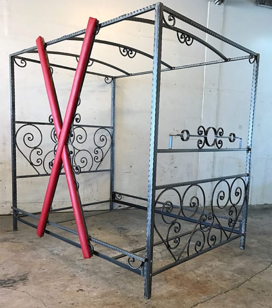 Custom Scroll Bondage Bed with Removable Red Cross & Stockade